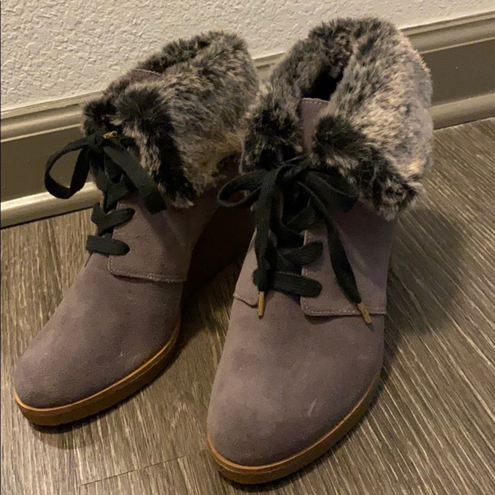 Cole Haan grey wedge booties with faux fur collar